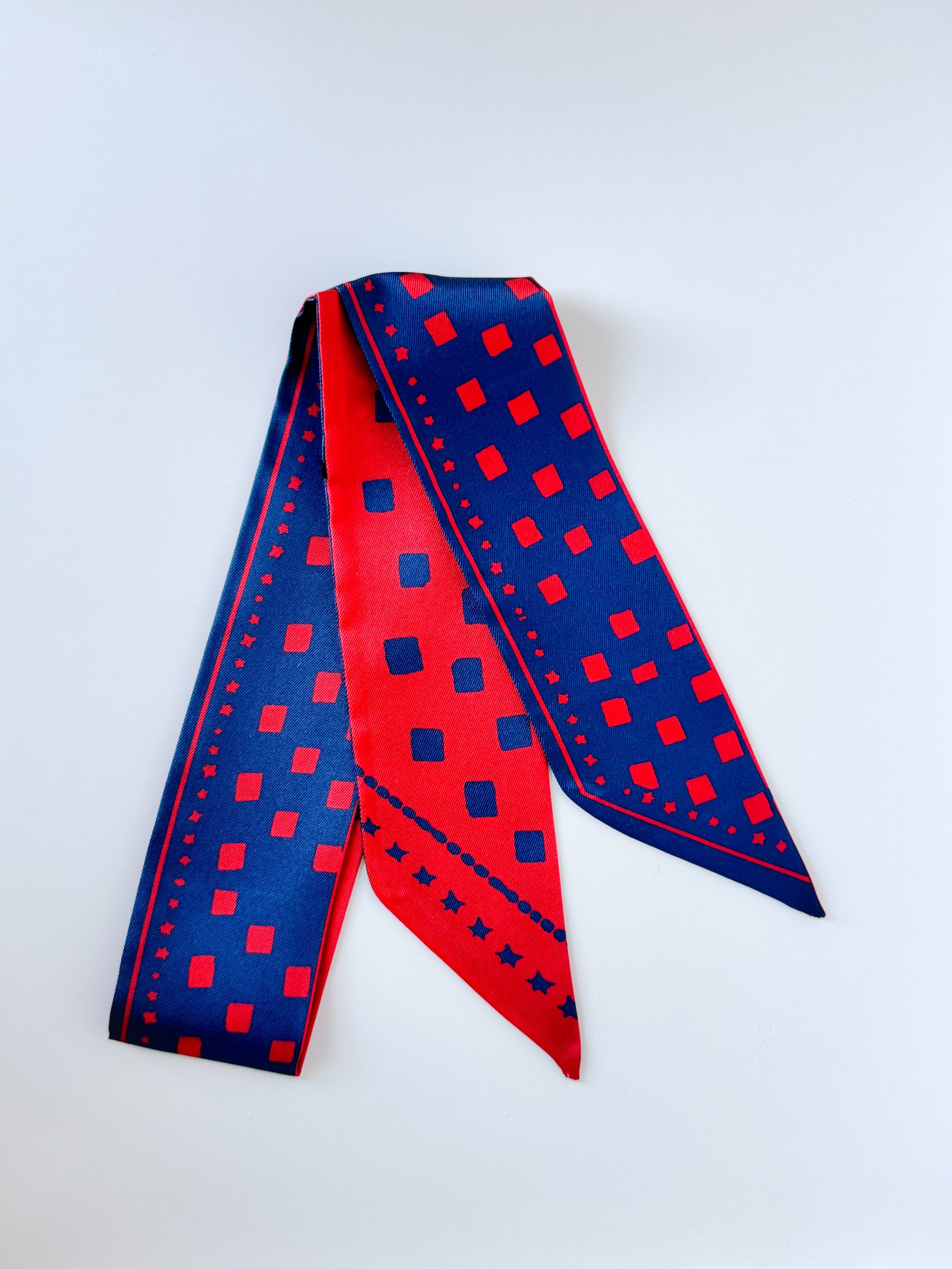 Navy Blue and Crimson Blocks Twilly skinny scarf with vibrant block prints