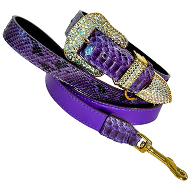 Amethyst Royale Python Set collar and leash with purple python scales and gold crystal hardware