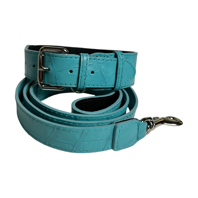 The Tiffany Collection. Gorgeous Turquoise Blue Embossed Croc Italian Leather Collar & Leash Set, With Our Classic Silver Hardware.
