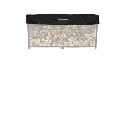 Woodhaven Short Firewood Rack Seasoning Cover in black on a firewood rack