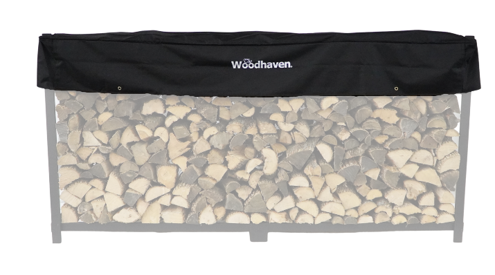 Woodhaven Short Firewood Rack Seasoning Cover in black on a firewood rack