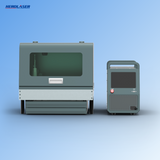 Compact gray desktop laser cutter with a windowed front panel next to a matching gray rectangular control unit with a screen and red emergency stop button, set against a light blue background.