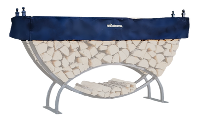 Woodhaven Short Firewood Rack Seasoning Cover in black on a firewood rack