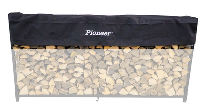 Woodhaven Short Firewood Rack Seasoning Cover in black on a firewood rack