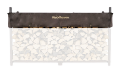 Woodhaven Short Firewood Rack Seasoning Cover in black on a firewood rack
