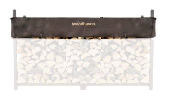 Woodhaven Short Firewood Rack Seasoning Cover in black on a firewood rack