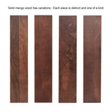 Four vertical panels showing varied rich brown tones and grain patterns of solid mango wood, illustrating unique natural variations in texture and color.