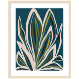 Abstract plant with layered elongated leaves in dark green, navy blue, and olive with beige outlines on a deep teal background, framed in light wood.