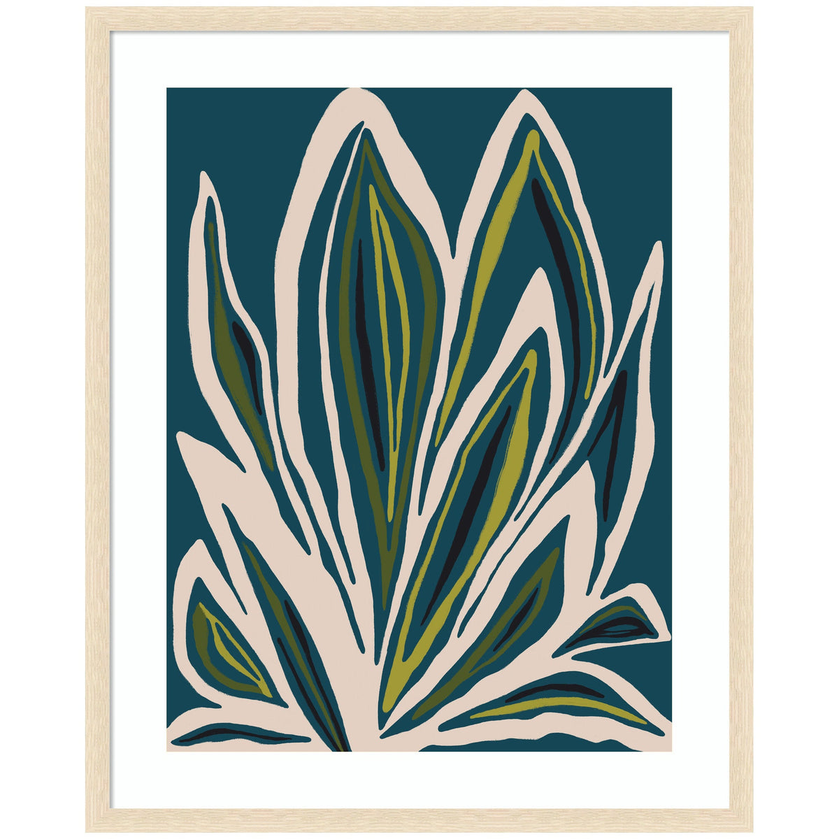 Abstract plant with layered elongated leaves in dark green, navy blue, and olive with beige outlines on a deep teal background, framed in light wood.
