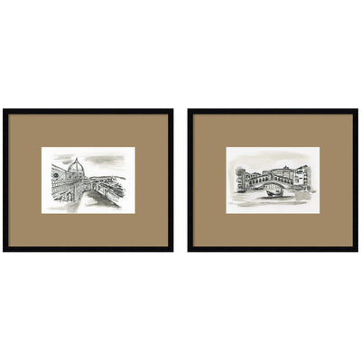 Vintage Postcard Florence & Venice framed wall art set with brown mat and black frames