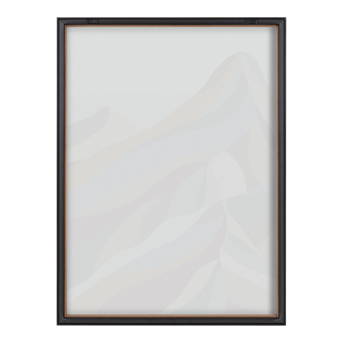Framed glass print featuring subtle, overlapping minimalist mountain shapes in soft beige and gray tones on a white background.
