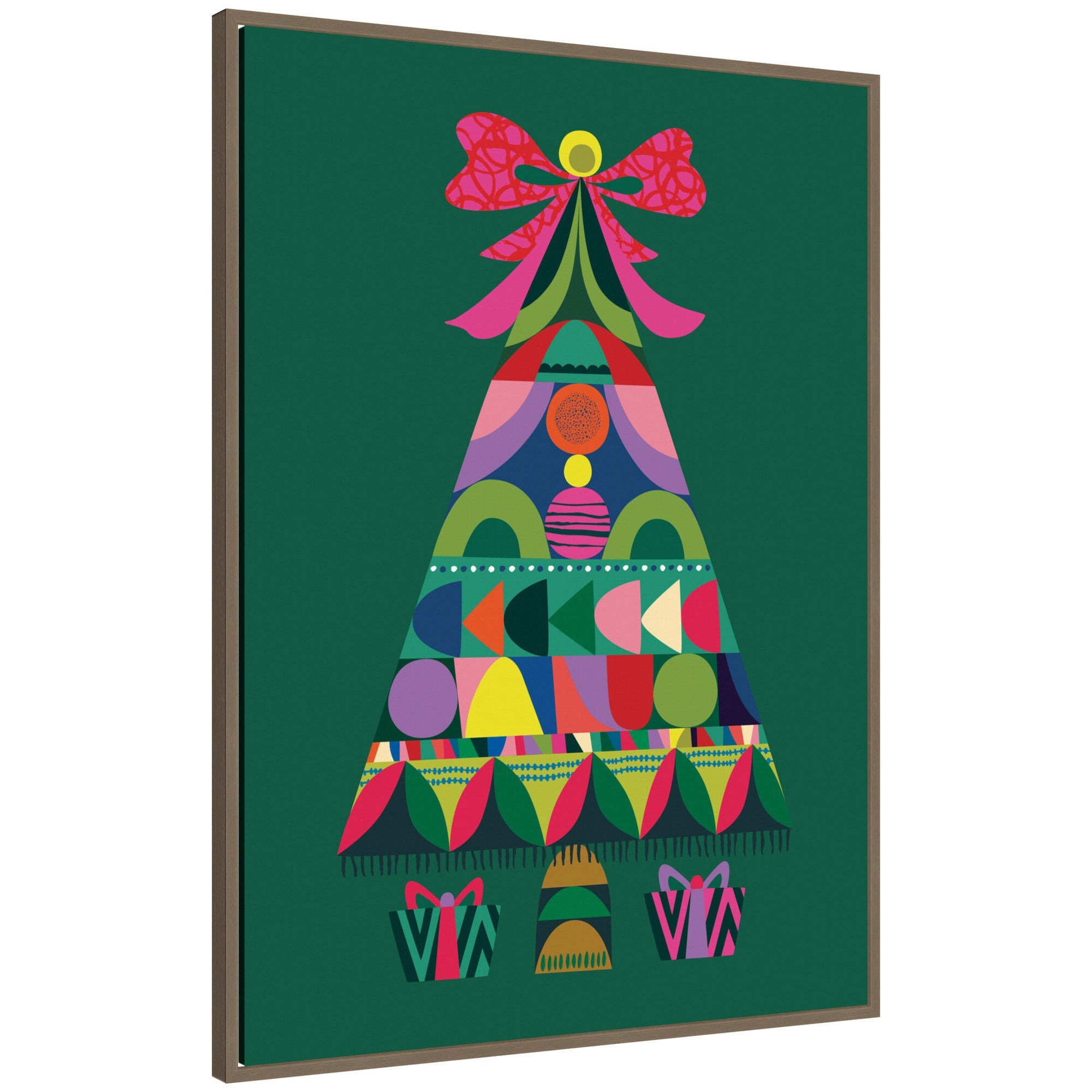 Framed canvas print of an abstract geometric Christmas tree with vibrant colors and stylized gift boxes under the tree on rich green background