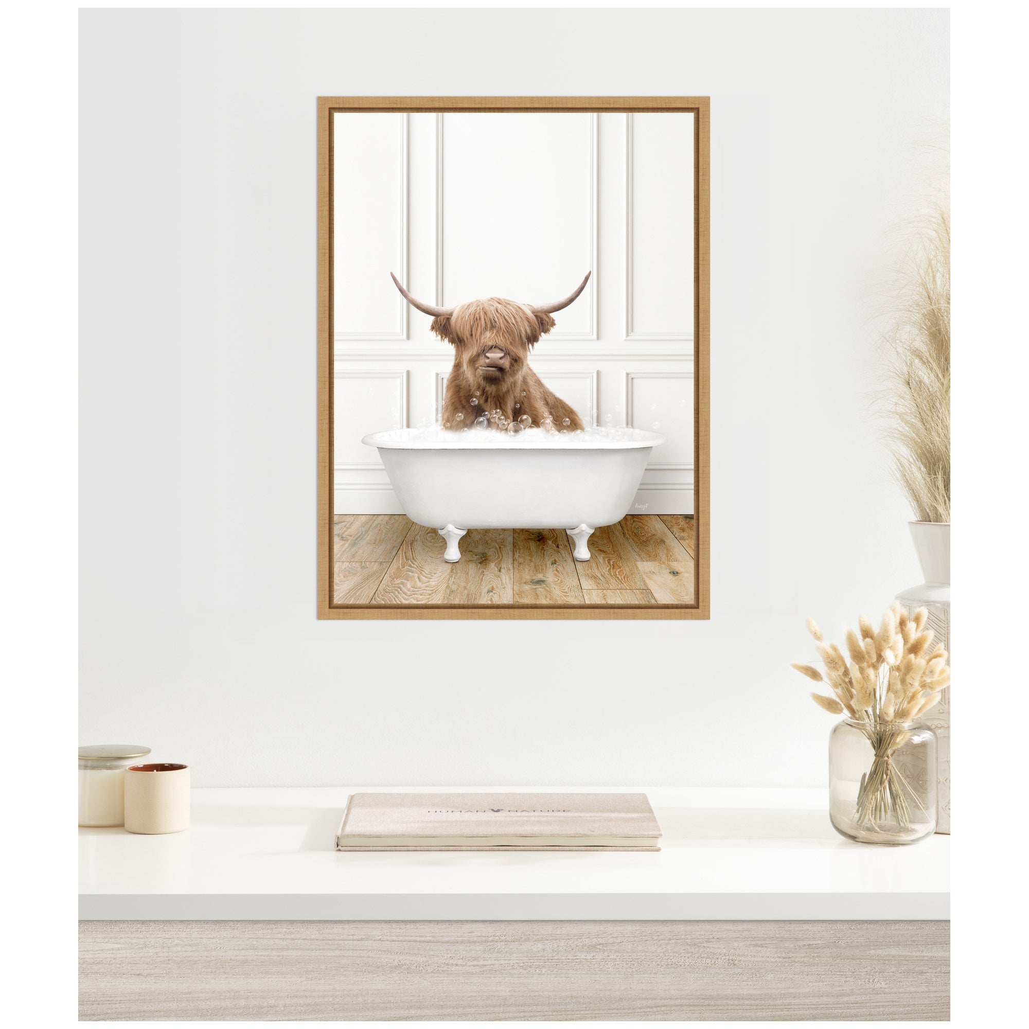 Sylvie Highland Cow in Traditional Vintage Bathtub Framed Canvas by Amy Peterson