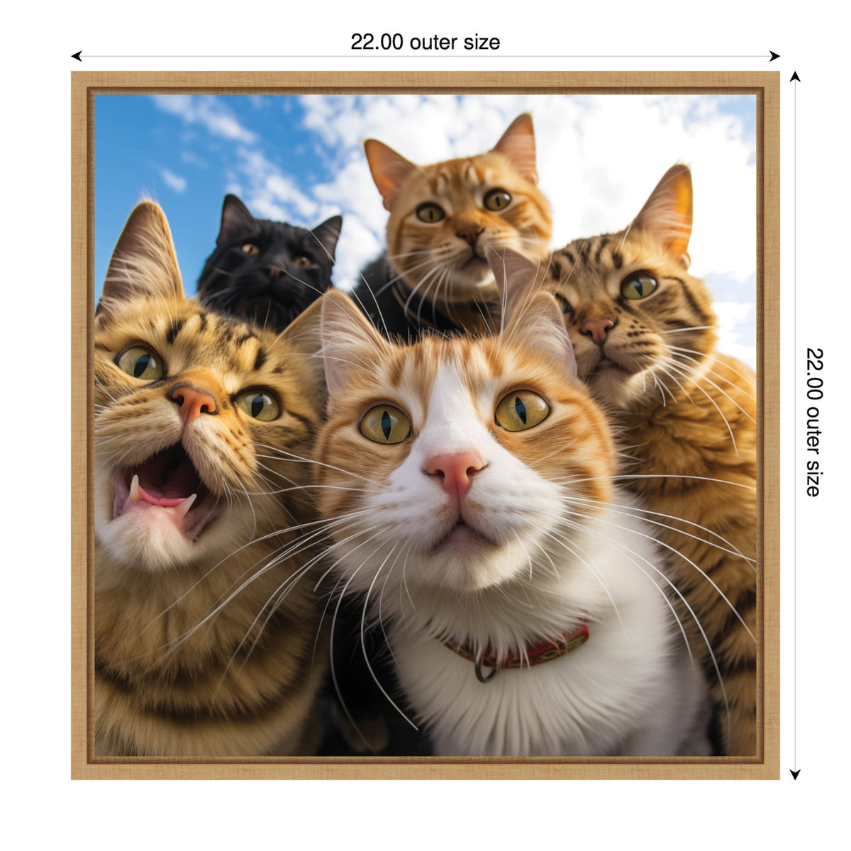 Five curious cats, including orange tabbies and a black cat, stare into the camera lens against a bright blue sky with scattered clouds.