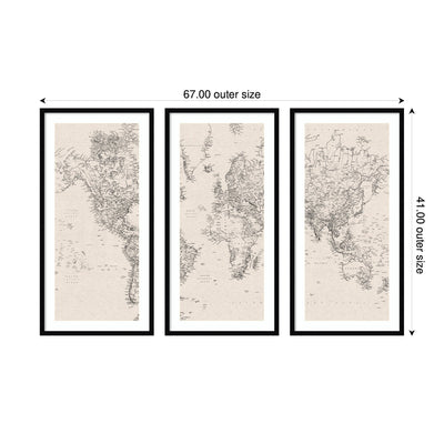 Vintage Black and White World Map Linen 3 Piece Framed Wall Art Print Set by The Creative Bunch Studio