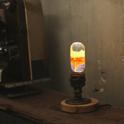 EP Light vintage resin lamp with round wooden base and LED bulb
