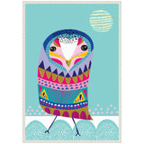 Colorful stylized owl with geometric patterns in blue, pink, purple, and gold tones against a teal background with a patterned golden sun and scalloped white ground.