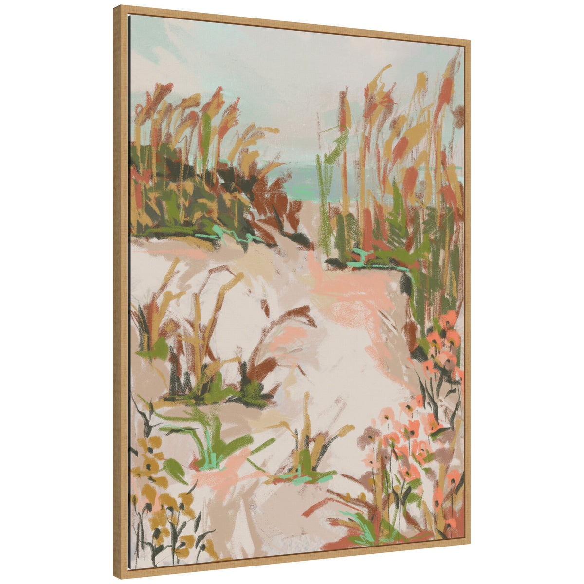 Abstract beach scene with tall grasses and flowers in shades of green, orange, and pink, set against a soft blue sky and sandy foreground on canvas.