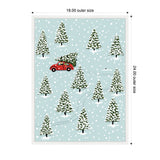 Illustration of a red car carrying a snow-covered Christmas tree, driving through scattered snow-covered evergreen trees on a light blue snowy background.
