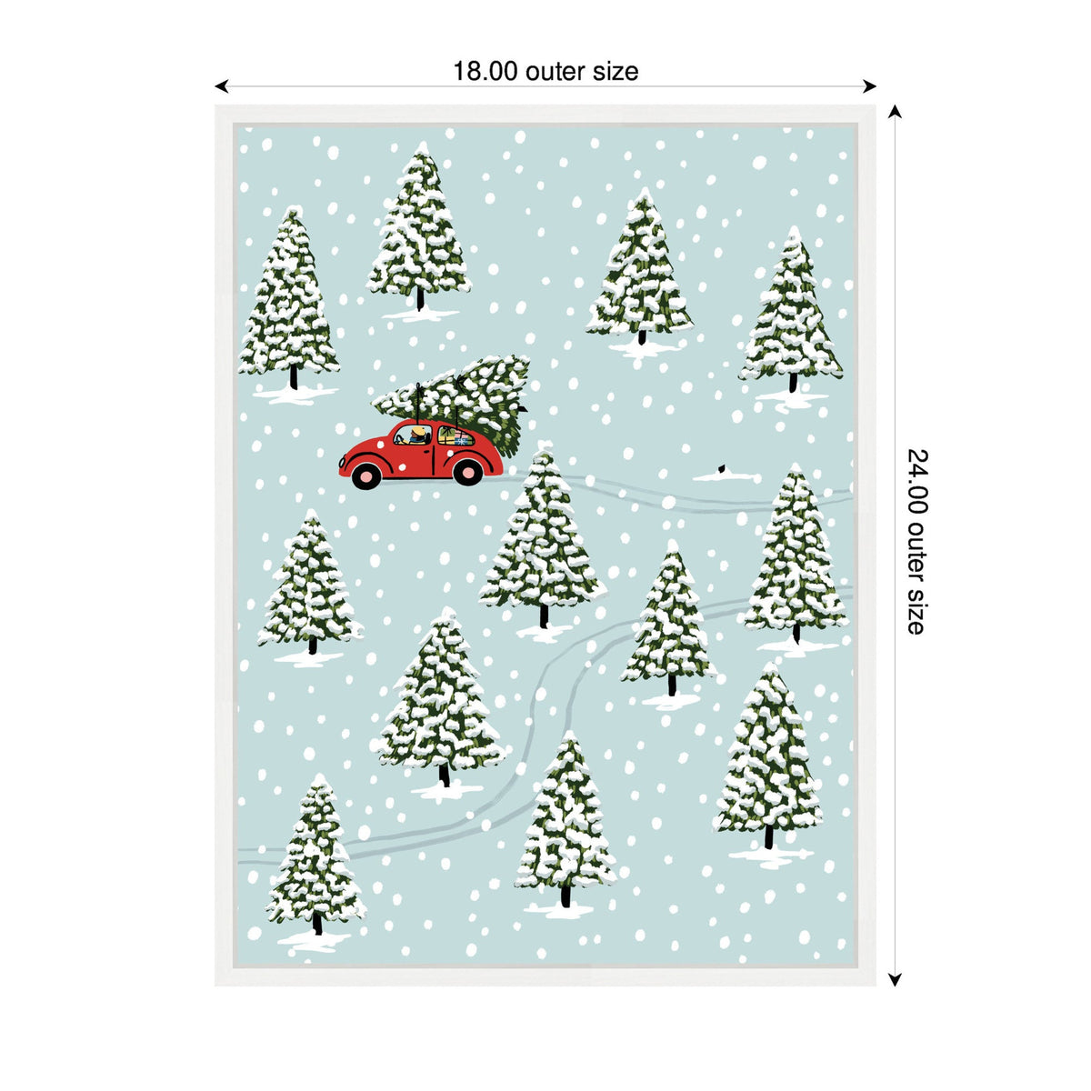 Illustration of a red car carrying a snow-covered Christmas tree, driving through scattered snow-covered evergreen trees on a light blue snowy background.