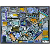Abstract geometric painting with interlocking shapes in blue, gold, gray, and black, featuring outlined rectangles, triangles, and circles in a grid-like composition.