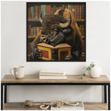 Framed canvas showing a detailed buffalo holding and reading an open book with a backdrop of brown and green leather-bound books on shelves.