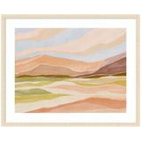 Framed abstract desert landscape artwork featuring pastel colors and soft flowing lines by Nikita Jariwala, in Woodgrain Stripe Blonde frame