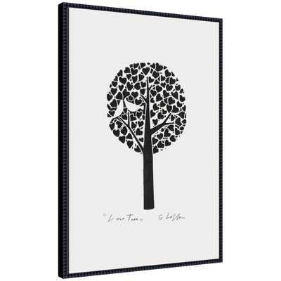 Black and white linocut of a stylized love tree on a framed canvas by Giuliana Lazzerini