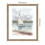 Watercolor painting of a sailboat with cream sails on calm water, soft clouds above, and blurred shoreline in muted greens and browns, framed in light wood.