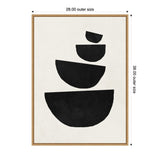 Minimalist framed print of four black semi-circles stacked vertically in descending size on a textured off-white background, dimensions labeled as 28 by 38 inches.