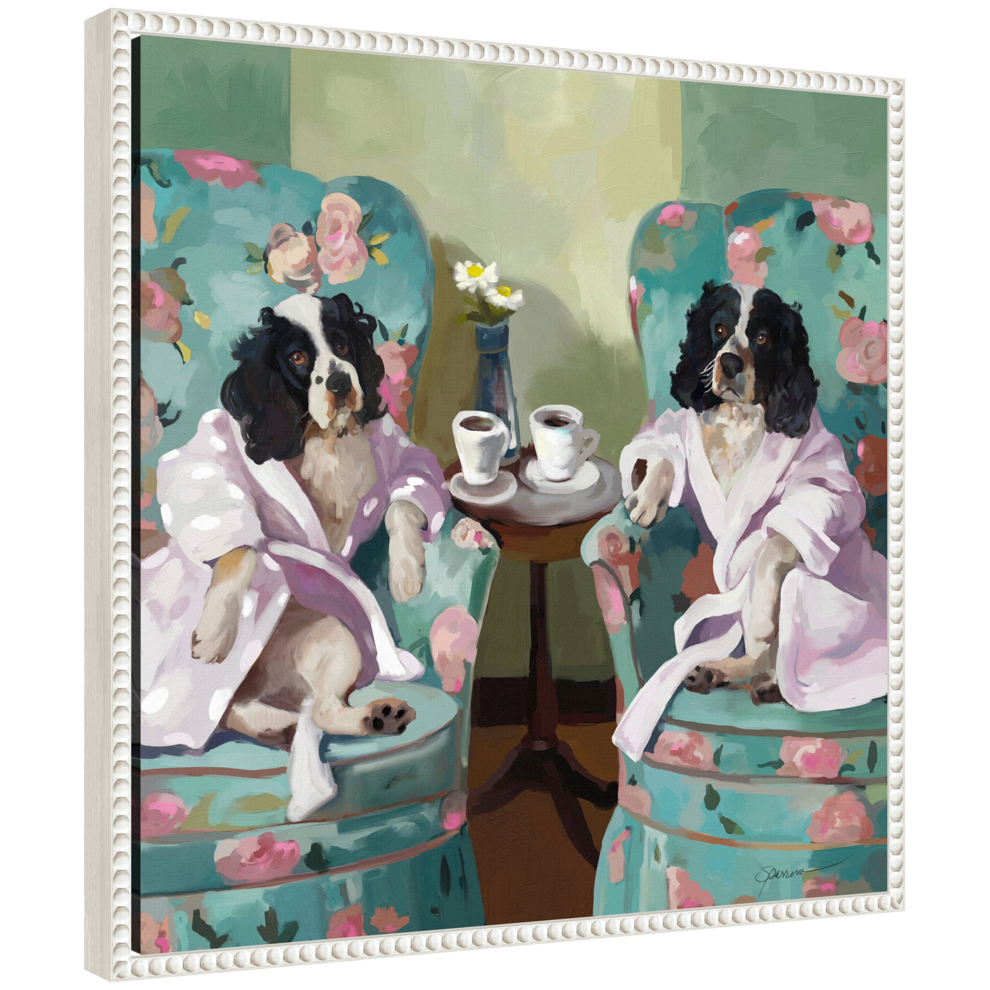 Framed canvas print titled 'Sylvie Coffee Hour' by Mary Sparrow with vintage beaded frame