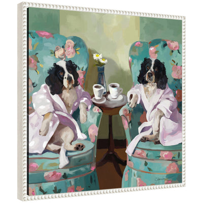 Framed canvas print titled 'Sylvie Coffee Hour' by Mary Sparrow with vintage beaded frame