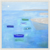 Painting of five simple boats in blue and green hues floating on calm blue water near sandy shore under a pale sky with a small sun or moon.
