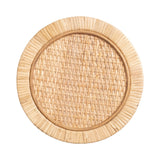 Round woven rattan surface with a detailed central weave pattern and radial design on the outer border, shown from above against a white background.