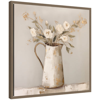 Framed canvas artwork depicting a pitcher with flowers, in a gold beaded vintage style frame.