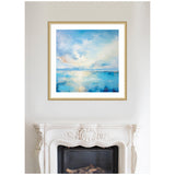 Framed serene coastal landscape painting with soft blue waters, light clouds, and subtle reflections above an ornate white fireplace mantel.