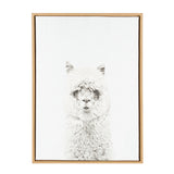 Detailed black and white illustration of a fluffy alpaca facing forward, centered on a white canvas framed in light wood.