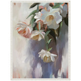 Softly painted pastel flower bouquet with white and pink blooms and green leaves, in an impressionist style within a white beaded frame.