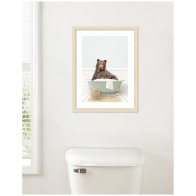 Bear in Cottage Green Bath by Amy Peterson Framed Wall Art Print