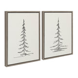 Two minimalist black line sketches of tall evergreen trees on white canvas with thin gray frames, shown from angled front and side views.