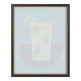 Framed minimalist art print of a mojito cocktail with a lime wedge, translucent ice cubes, and a straw on a light blue background