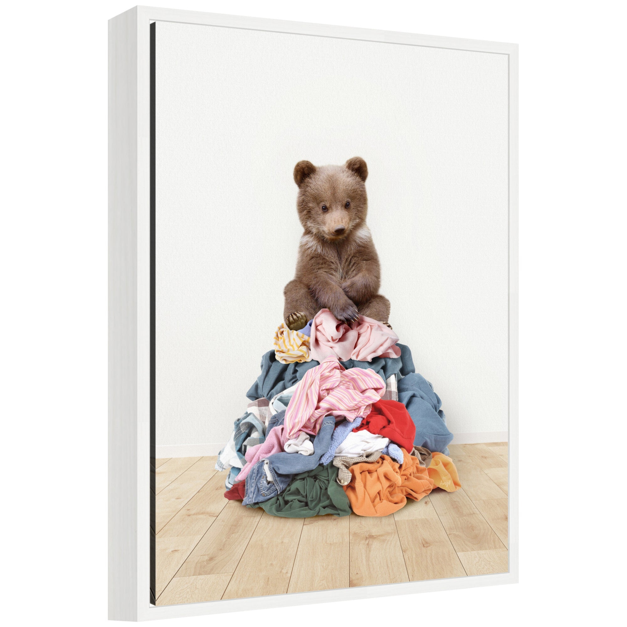 Sylvie Three Bears On Laundry Pile framed canvas art showing three bears stacked on a laundry pile