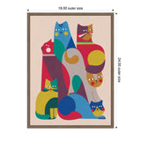 Abstract artwork of six stylized cats in varied bright colors like blue, red, yellow, and green with geometric shapes, framed on a beige background with size annotations.
