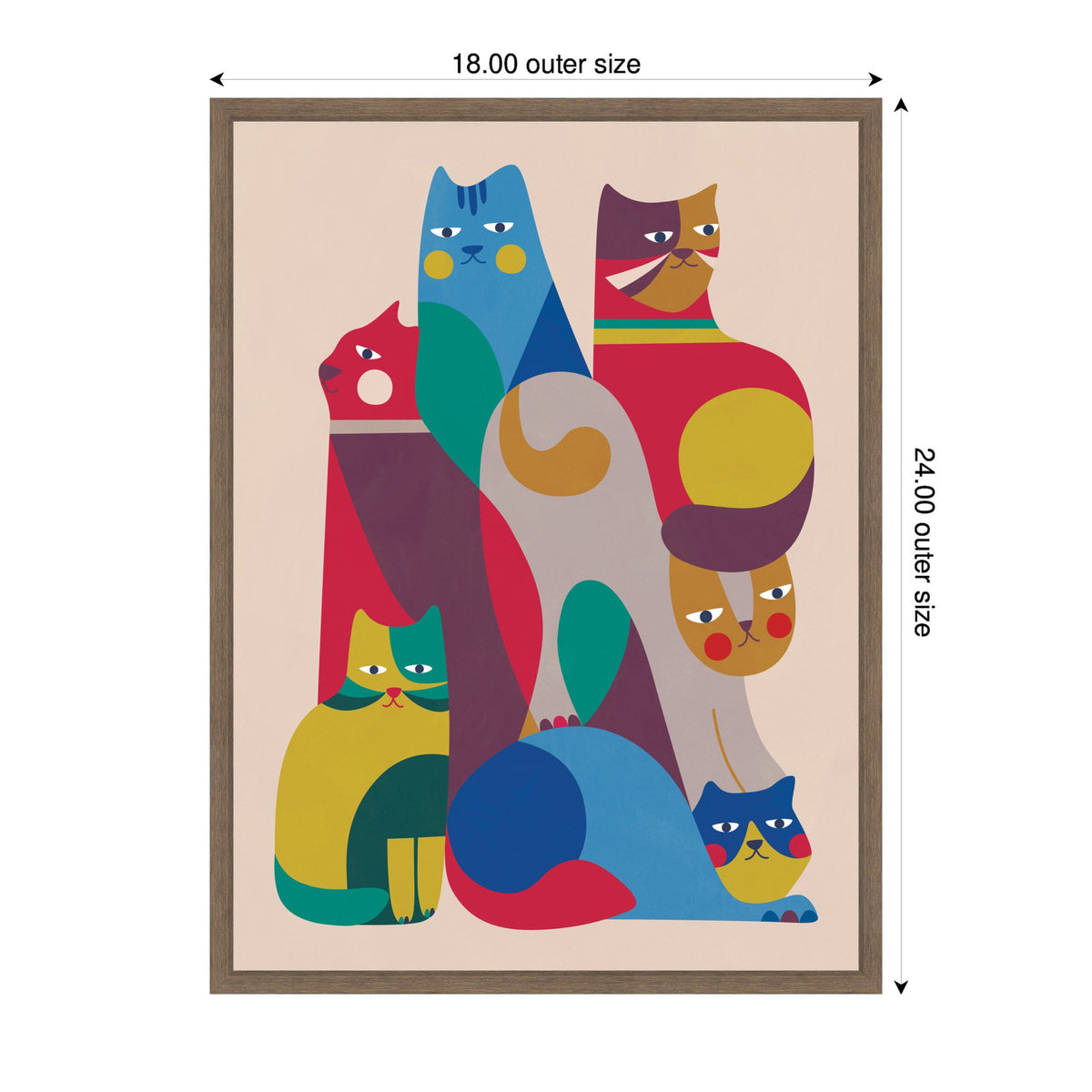 Abstract artwork of six stylized cats in varied bright colors like blue, red, yellow, and green with geometric shapes, framed on a beige background with size annotations.