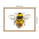 Framed canvas art featuring a bee crafted from textured natural materials including yellow flowers and brown seed pods on white background, with feather-like wings.