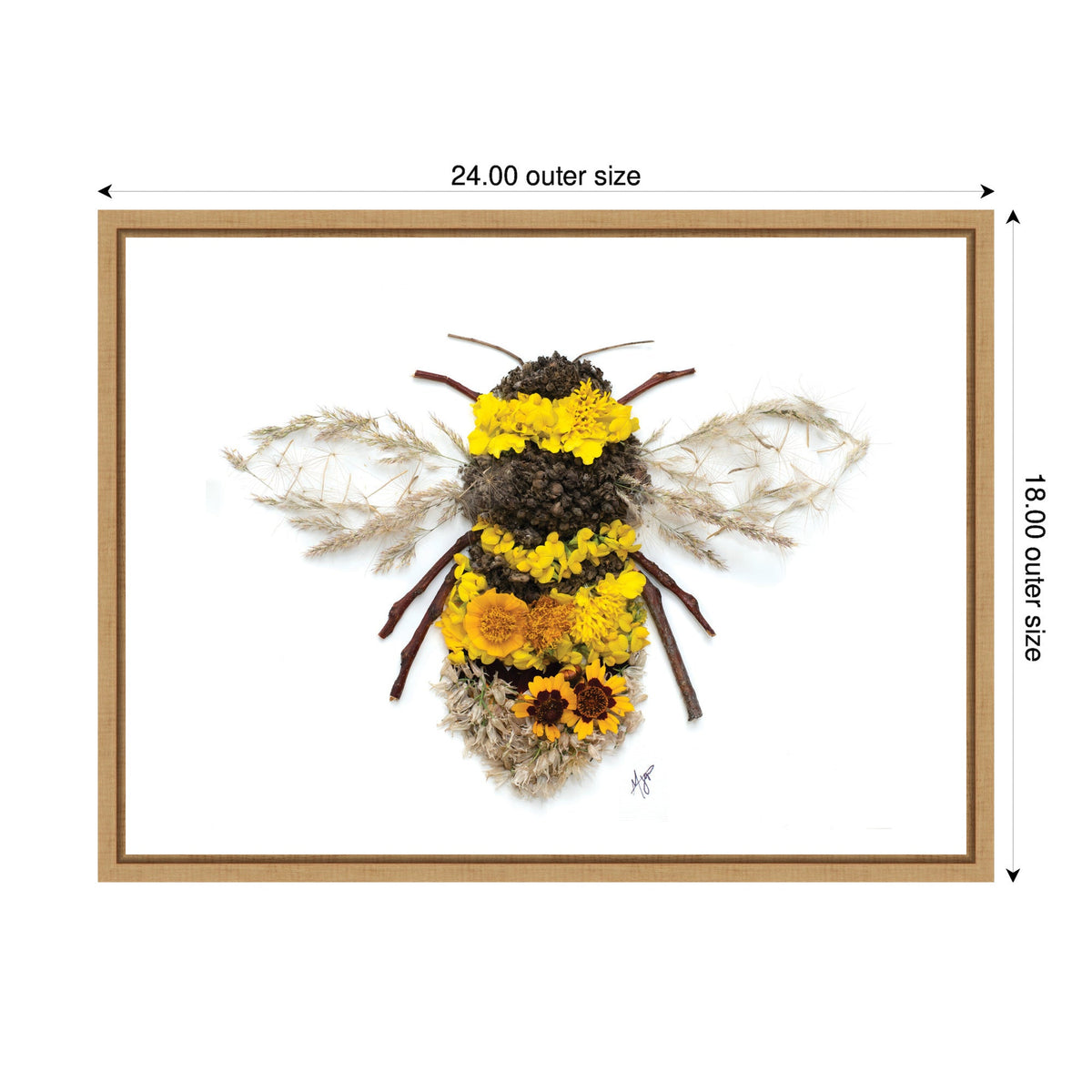 Framed canvas art featuring a bee crafted from textured natural materials including yellow flowers and brown seed pods on white background, with feather-like wings.