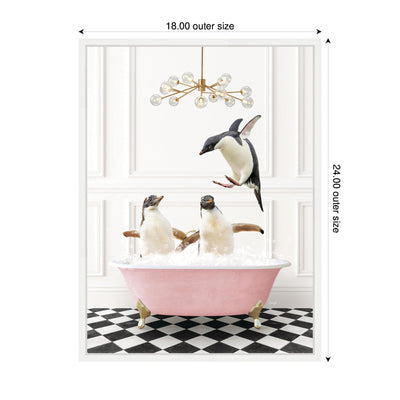 Sylvie Penguins in Pink Bathtub on Checker Floor Framed Canvas by Amy Peterson