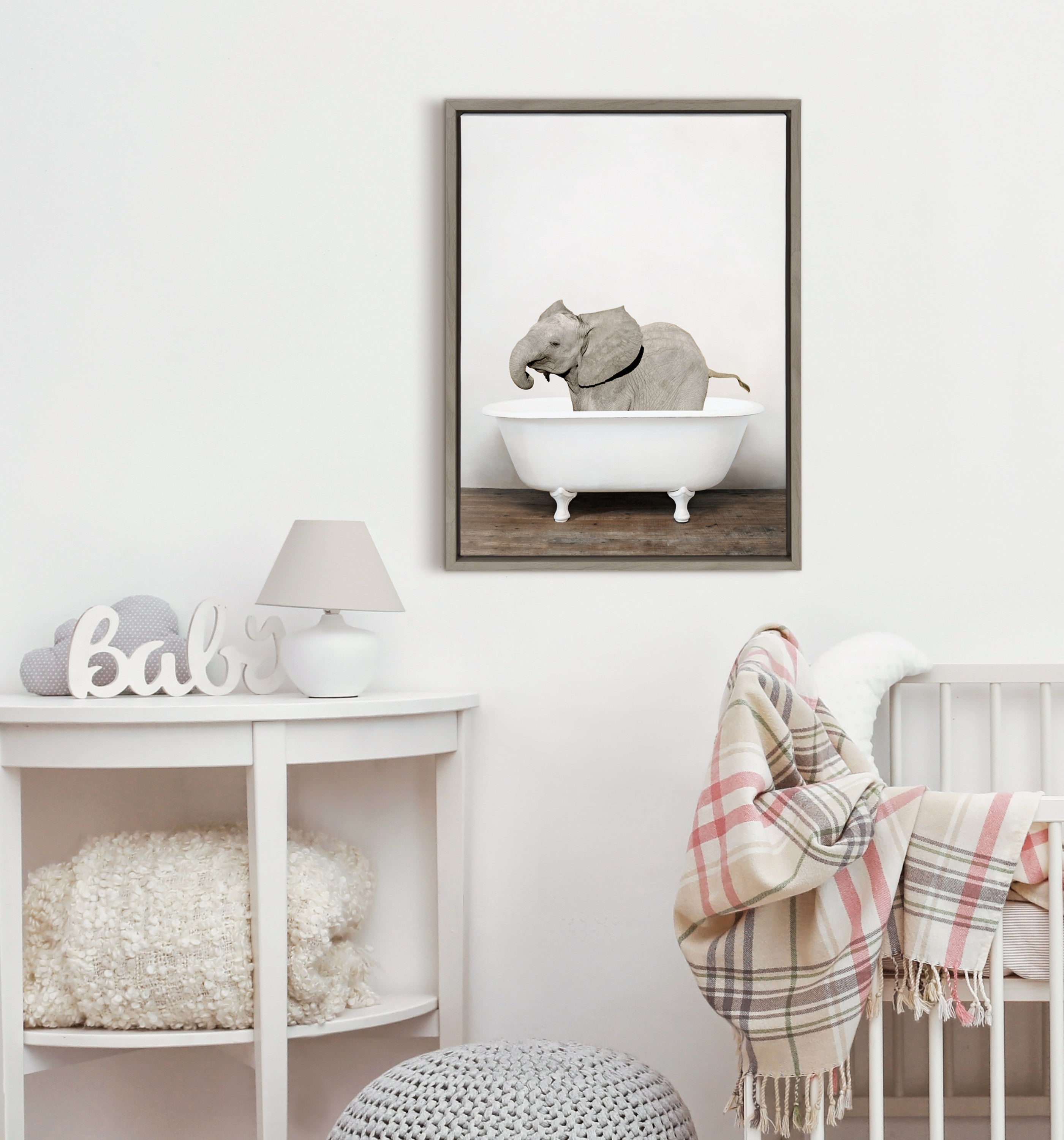 Sylvie Baby Elephant in the Tub Color Framed Canvas
