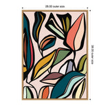 Abstract botanical illustration with large, colorful leaves outlined in black on a pale pink background, framed in light wood measuring 28 by 38 inches.