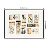 Eighteen beige vintage-style matchboxes arranged on a neutral background, featuring black-and-white illustrations and text like 'DISCO' and 'Cocktail Lounge' with partial matchstick exposure.